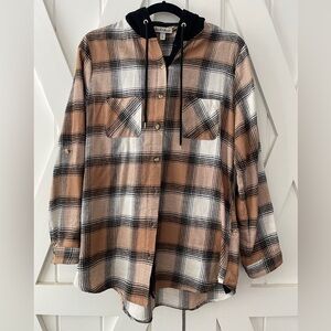 Derek Heart Tan and Black Plaid Shirt with Corduroy Hood